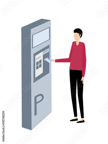 Contactless parking payment. Man inserting ticket or credit card into parking machine to pay. Vector illustration. Isolated on white background