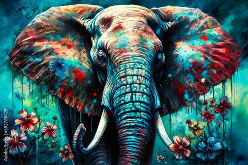 A colorful elephant in a dark painting surrounded by colorful flowers. Generative AI