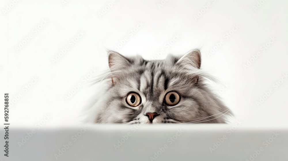 Persian Cat peeking out from behind a white table, on white background with copyspace.