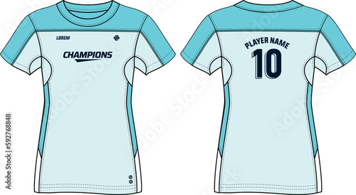 Women Sport Jersey t-shirt design flat sketch Illustration, Color block Round neck t shirt for girls and Ladies Volleyball jersey, Football, badminton, Soccer and netball, Sport uniform kit