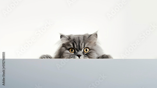 Persian Cat peeking out from behind a white table, on white background with copyspace.