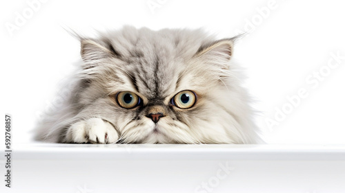 Tableau sur toile Persian Cat peeking out from behind a white table, on white background with copyspace