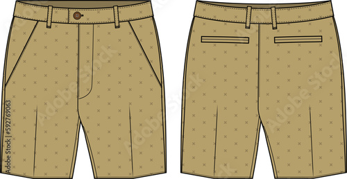 Chino sartorial suit Shorts design flat sketch vector illustration, formal shorts concept with front and back view, printed walking bermuda shorts design illustration