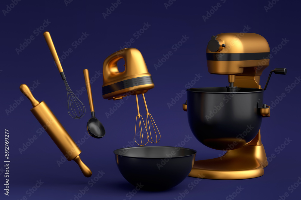 Mixer and bowl with kitchen utensil for preparation of dough on blue background Mixer and bowl with kitchen utensil for preparation of dough on blue background