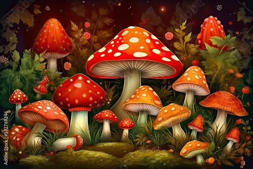 enchanted fungi Fly agaric is a wonderful woodland thicket in the forest. Imaginary mushrooms with luminous moss. Generative AI