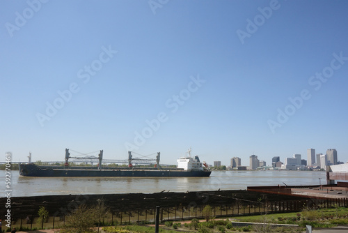 A large cargo ship on the Mississippi River in New Orleans