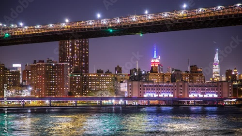 An evening timelapse of looking underneath the Brooklyn Bridge across the East River toward the Empire State Building in Midtown Manhattan in New York City.