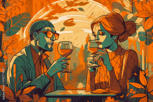 Artistic reportage - showing a man and woman with a glass of wine. Generative AI photo