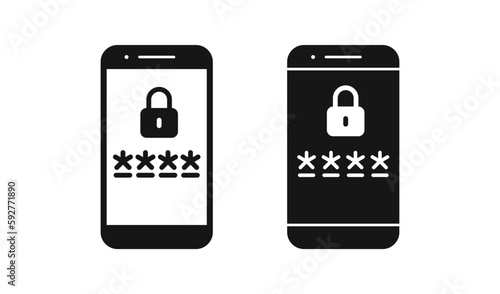 Phone password icon. Mobile code symbol. Verification signs. Personal account safety symbols. 2fa secure icons. Black color. Vector sign.