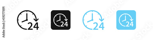 24 hours clock icon. Work time symbol. Delivery signs. Service symbols. Support, business icons. Shop open. Black, blue color. Vector sign.