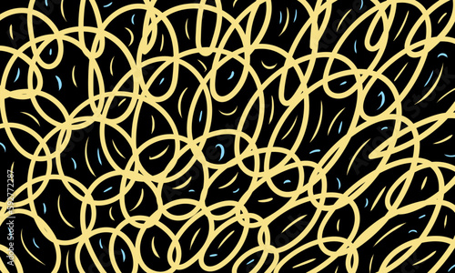 Abstract colorful pattern of wavy lines. Composition in the form of an arbitrary yellow pattern on a black background. Vector illustration, EPS 10. Doodle space.