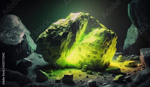 deposits of crystalline uranium ore in a radioactive nugget. Precious minerals of different types and textures. Created with AI. photo