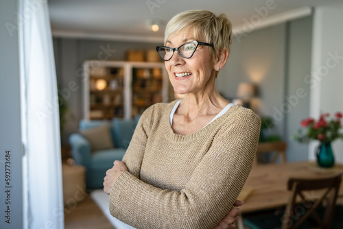 Close up portrait of one senior woman with short hair happy smile