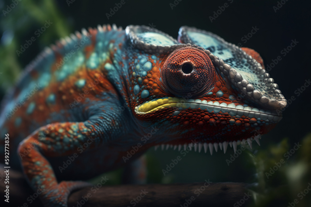 Fototapeta premium Colorful chameleon lizard in nature. Reptile in wildlife. Generative AI