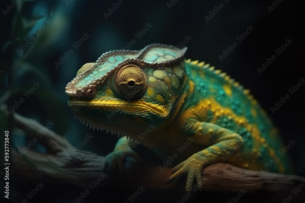 Obraz premium Colorful chameleon lizard in nature. Reptile in wildlife. Generative AI