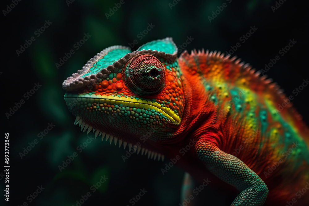 Obraz premium Colorful chameleon lizard in nature. Reptile in wildlife. Generative AI
