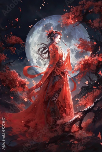 Japanese cartoon anime girl in a dress in a flower field on a full moon made with generative AI