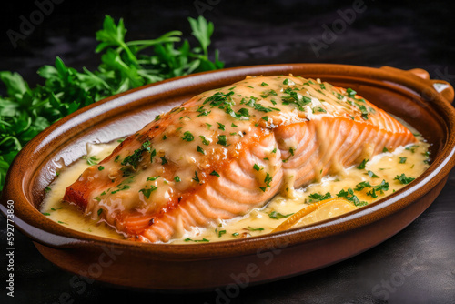 Baked salmon with cream sauce and parsley on a dark background