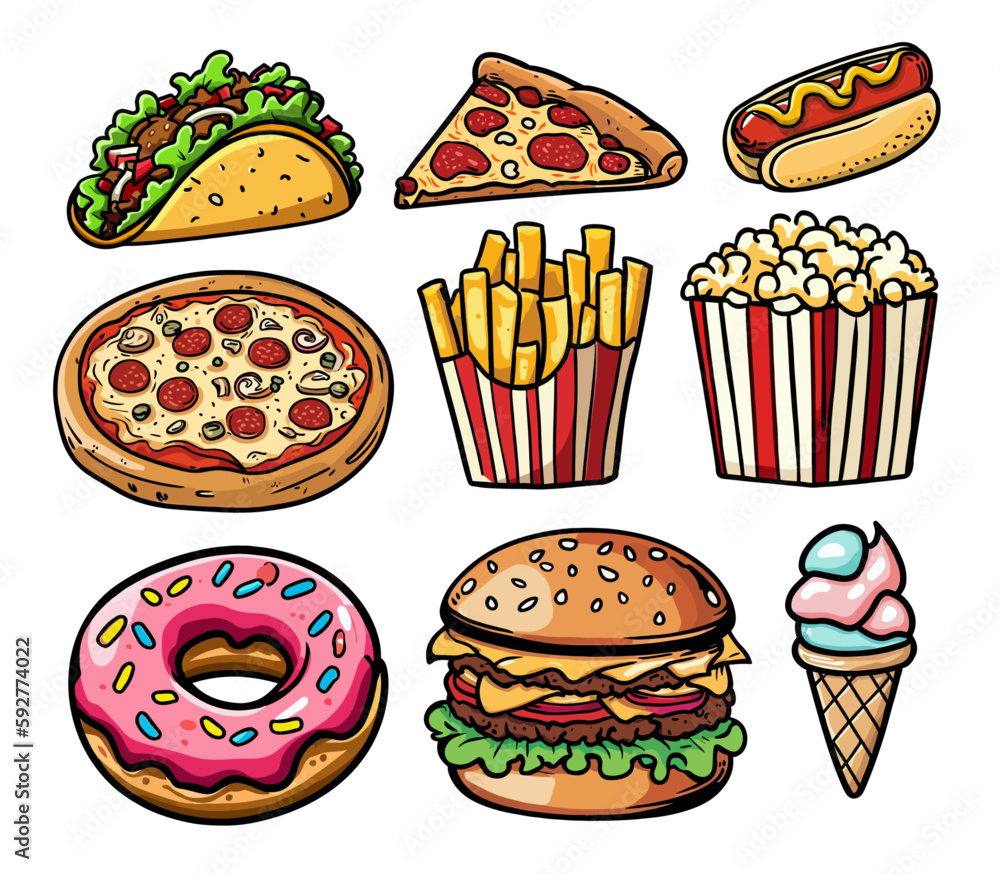 cartoon fast food collection, food illustrations set. Donut, burger ...