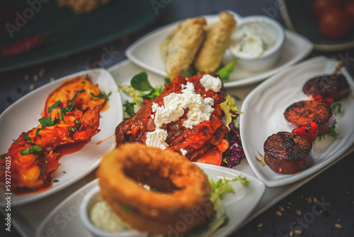 Mixed Hot and Cold Mezze Platter: Traditional Turkish and Middle Eastern Cuisine, Flavourful Appetisers, Gourmet Food, Tasty Selection, Authentic Dishes, Social Dining