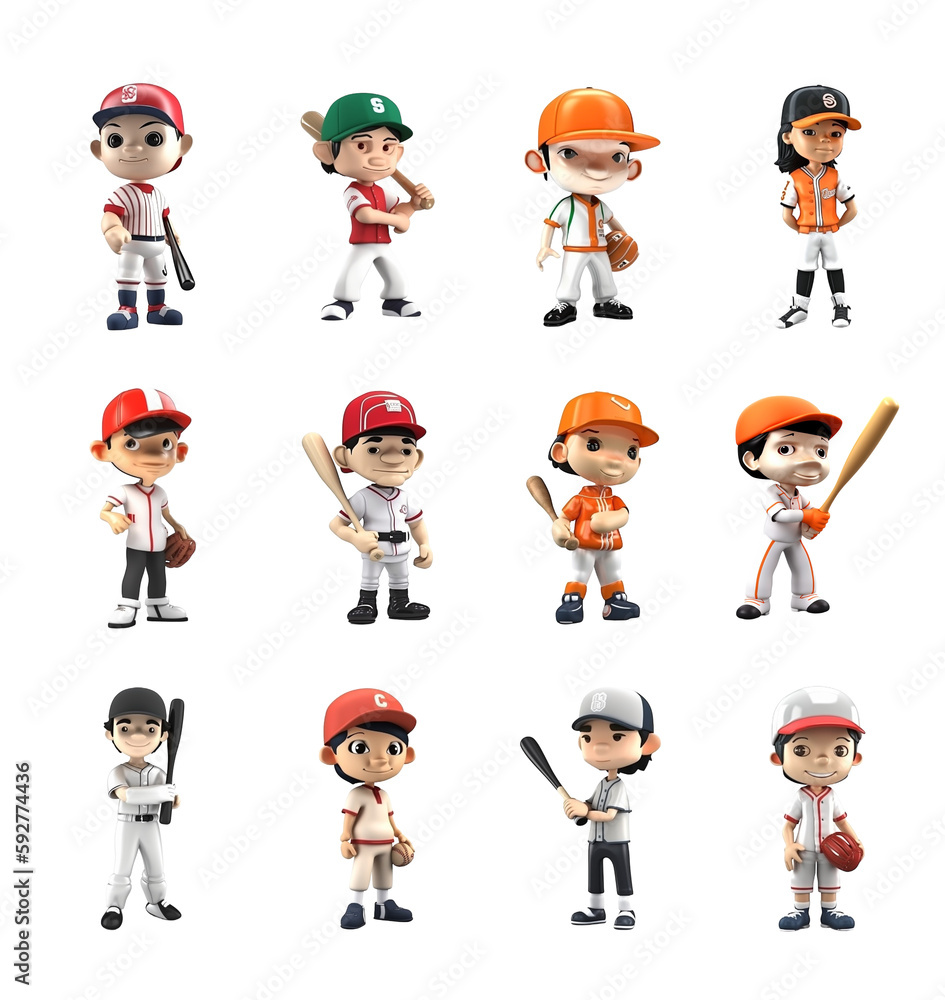 3D Cute Caricature Baseball Players Collection Isolated on Clear Background Created with Generative AI and Other Techniques