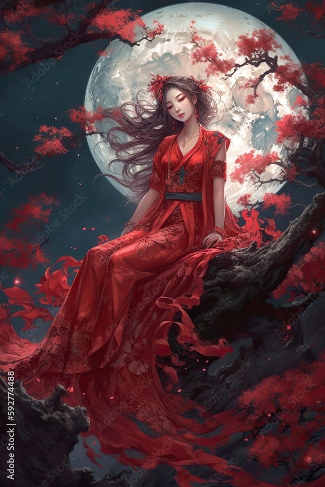 Japanese cartoon anime girl in a dress in a flower field on a full moon made with generative AI Japanese cartoon anime girl in a dress in a flower field on a full moon made with generative AI