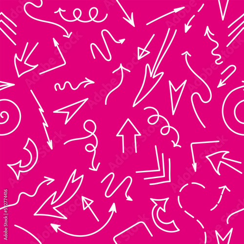 Vector repeating pattern with hand drawn white arrows on magenta background. Doodle arrows set
