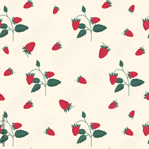 A seamless pattern of red strawberries with green leaves on a light background.