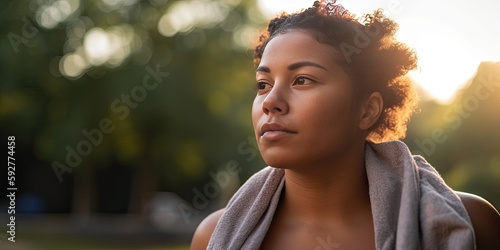 BIPOC Woman cooling down after exercise outdoor summertime - Generative AI 