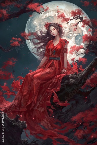 Japanese cartoon anime girl in a dress in a flower field on a full moon made with generative AI