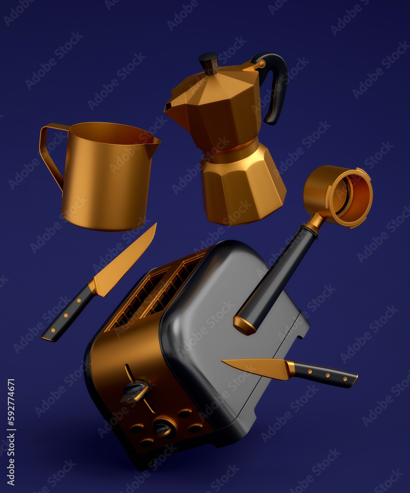 Toaster, coffee machine horn and geyser coffee maker on blue background. Toaster, coffee machine horn and geyser coffee maker on blue background.