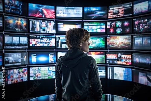 a person standing in front of multiple television screens. Cyber Attack: Shocking Image of Personal Information Leaked Across Multiple Screens - Generative AI