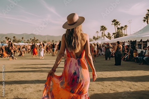vibrant and bohemian-inspired Coachella festival outfit view from the back, featuring a flowy maxi dress, fringe accessories, a wide-brimmed hat, music festival - Generative AI