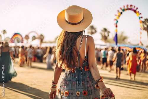 vibrant and bohemian-inspired Coachella festival outfit view from the back, featuring a flowy maxi dress, fringe accessories, a wide-brimmed hat, music festival - Generative AI photo