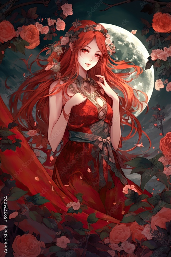 Fototapeta premium Japanese cartoon anime girl in a dress in a flower field on a full moon made with generative AI
