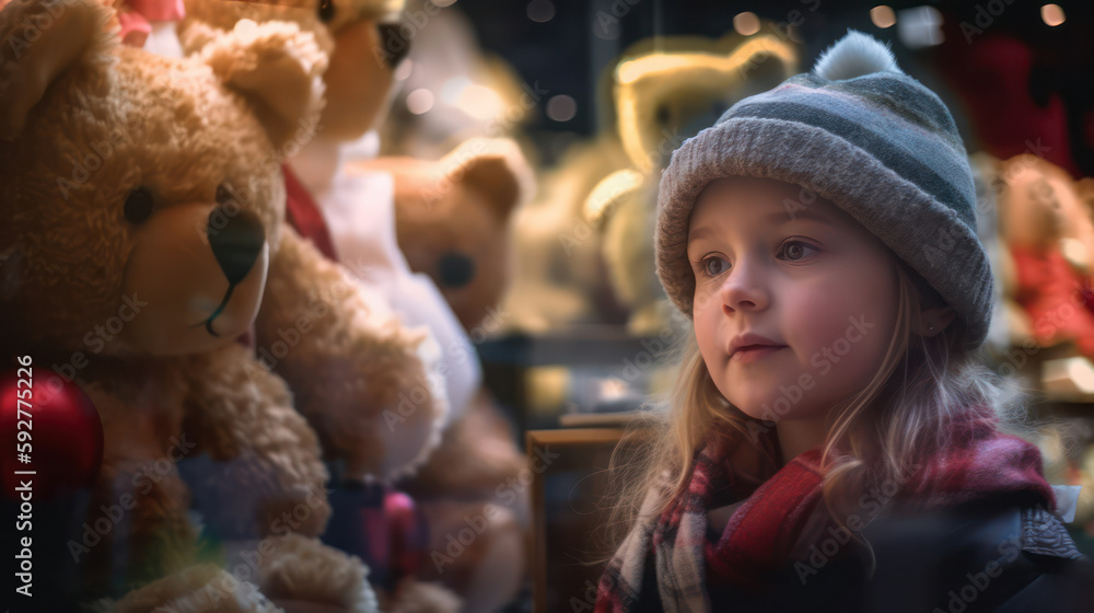 A little girl in warm clothes stands in front of a shop window with bear toys. festive illumination A little girl in warm clothes stands in front of a shop window with bear toys. festive illumination