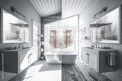 Bathroom is white, has a window, two sinks, a bathtub, and a hardwood floor. mockup. Generative AI