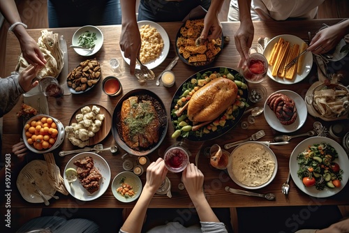several people sitting at table with plates of food in front of them and person holding glass of wine. A Bountiful Thanksgiving Feast: Family Enjoying Turkey and All the Trimmings - Generative AI