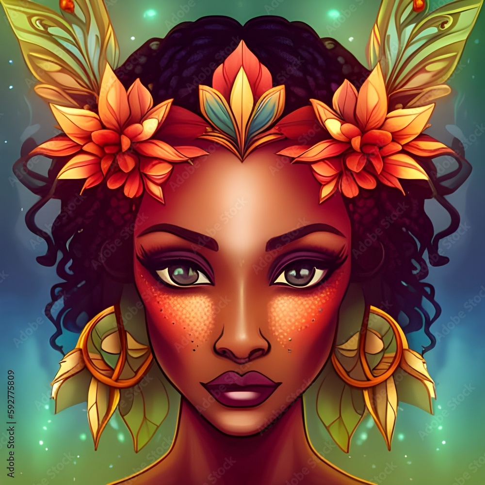 Beautiful African American, Black woman portrait, glamourous makeup with orange, gold flowers in hair Beautiful African American, Black woman portrait, glamourous makeup with orange, gold flowers in hair