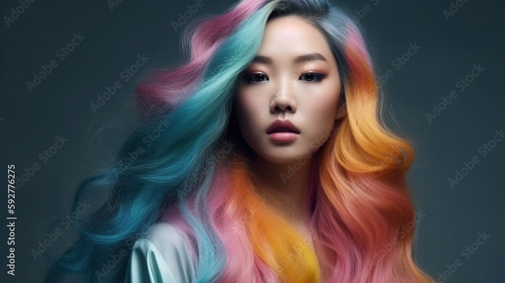 Beautiful and Modern Asian Women with Colorful and Pastel Hair made with Generative AI