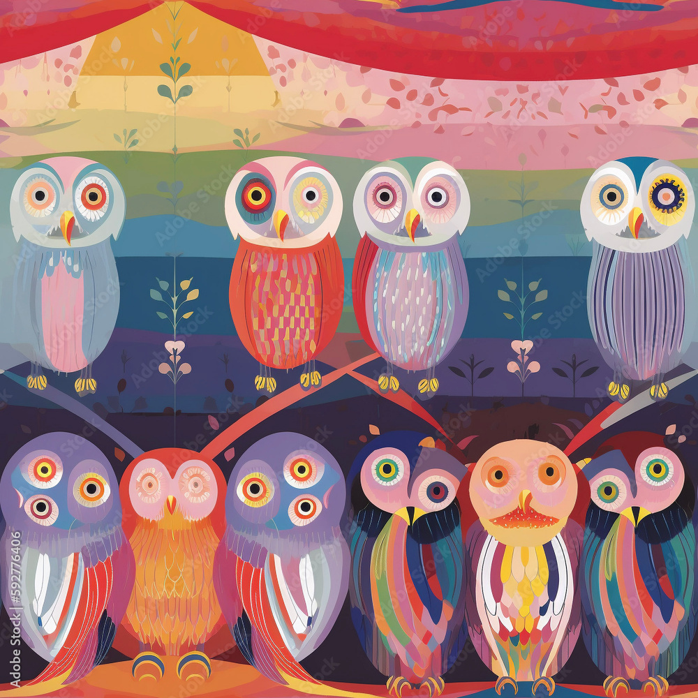 Obraz premium Owl Seamless Pattern Colorful Rainbow Generative AI