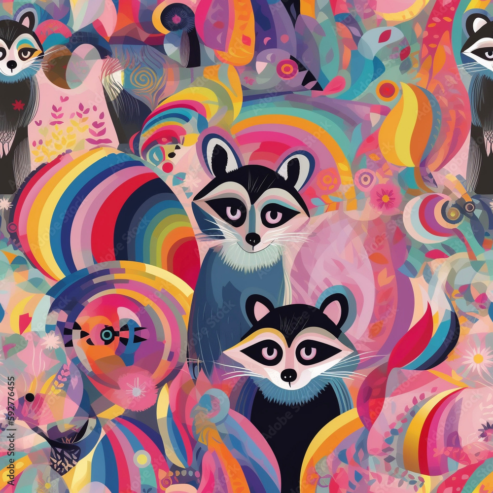 Raccoon Seamless Pattern Cute Colorful Playful Whimsical Rainbow Generative AI