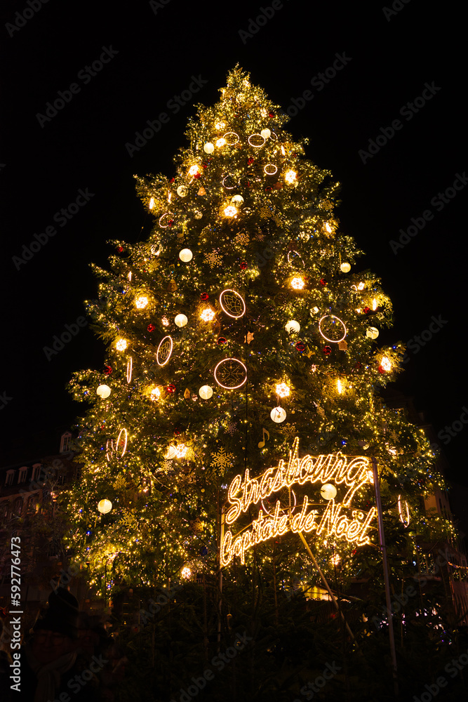 Christmas tree and New Year decorations at a traditional Advent fair in Strasbourg, France. English translation of french sign: Strasbourg, the capital of Christmas