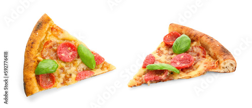 Slices of tasty pizza with pepperoni on white background