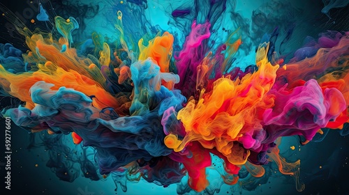 Modern Artistic Design  Colorful Liquid Ink Burst on Blue Background. Generative AI