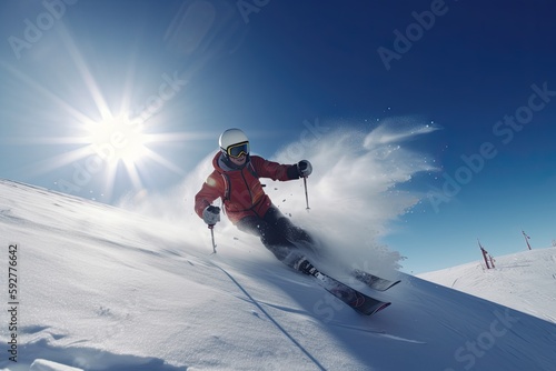 Soaring High: Skier Takes on a Ski Resort in the Bright Winter Sun. Generative AI