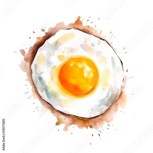 Watercolor illustration of a fried egg on white background. Generative AI.