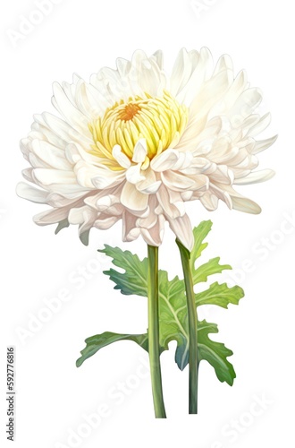 Chrysanthemum isolated on white background. Watercolor illustration of a beautiful white flower. Generative AI.