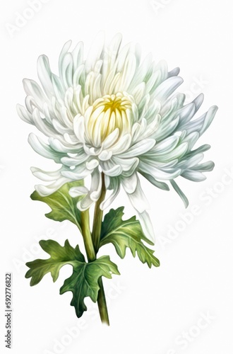 Chrysanthemum isolated on white background. Watercolor illustration of a beautiful white flower. Generative AI.