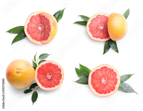 Set of ripe grapefruits on white background, top view